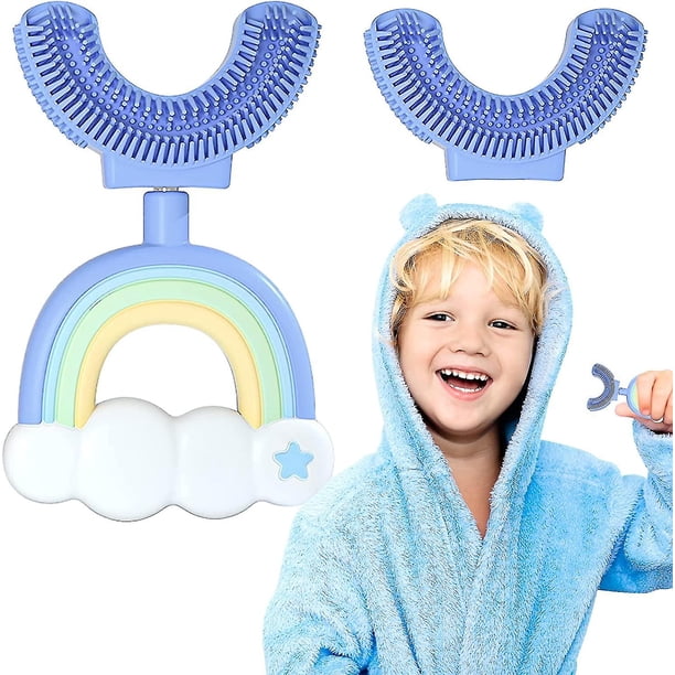 Cepillo de dientes para niños en forma de U, dos cabezales de silicona ultrasuave de grado alimenticio, limpieza completa de 360 grados, masaje para el cuidado dental