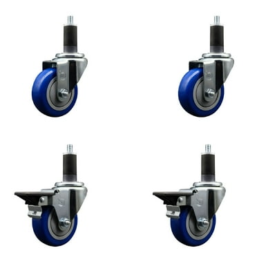 3.5 Inch Blue Poly Wheel Swivel 1-1/4 Inch Expanding Stem Caster Set 2 Brakes