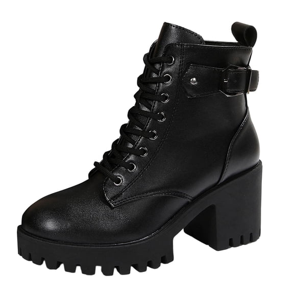 Black Ladies Stylish Lace Up Side Zipper Sponge Thick Heel Ankle Boots Round Toe Heeled Shoes For Casual Outdoor Activities Pu Fabric