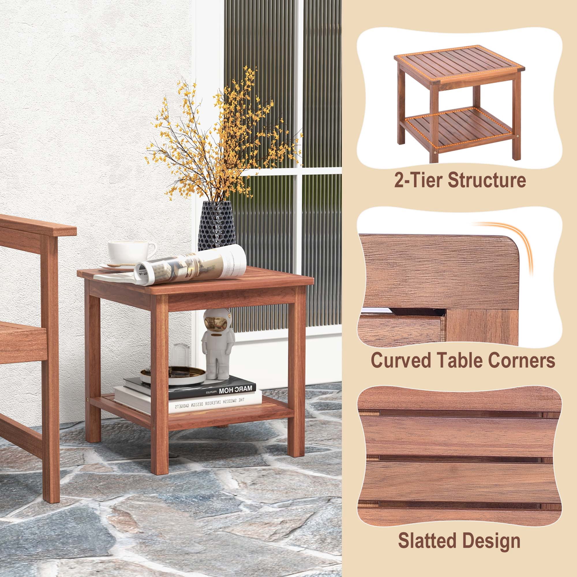Costway Patio Acacia Wood Side Table 2-Tier Square End Table Porch Poolside Natural