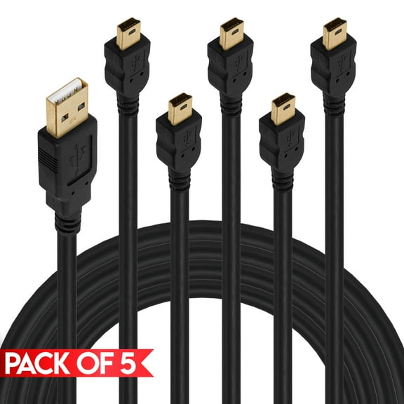 Cmple - [5 PACK] Mini USB Cable, USB Mini B Cord, Mini USB 2.0 Charger Cable Compatible with Dash Cam, Digital Camera, PS3 Controller, Hard Drive, MP3 Player, Garmin, SatNav, GoPro Hero, PDA
