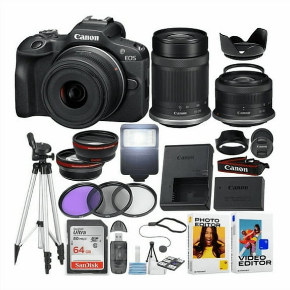 Canon EOS R100 Mirrorless Camera w/Canon RF-S 18-45mm f/4.5-6.3 is STM Lens   Canon RF-S 55-210mm f/5-7.1 is STM Lens   64GB Memory Card   Softwear Editor   Tripod & More