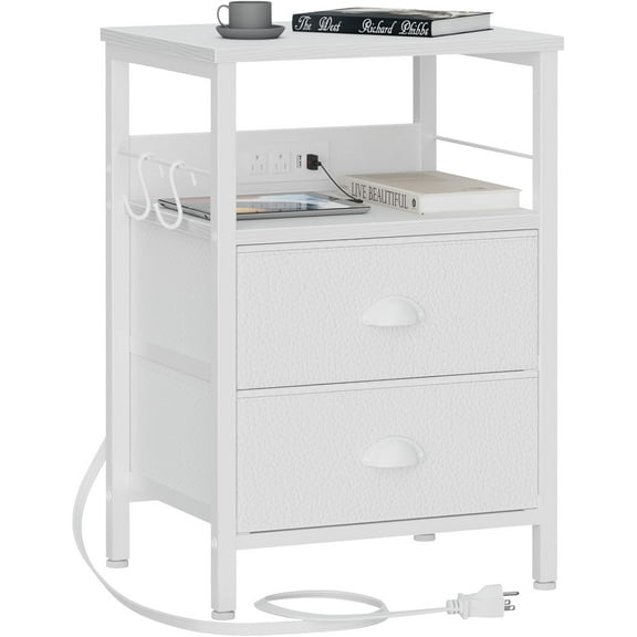 End Table with Charging Station, Nightstand with Fabric Drawers, Side Tables with USB Ports & Outlets, Night Stand with Storage Shelf & Hooks, for Living Room/Bedroom, White