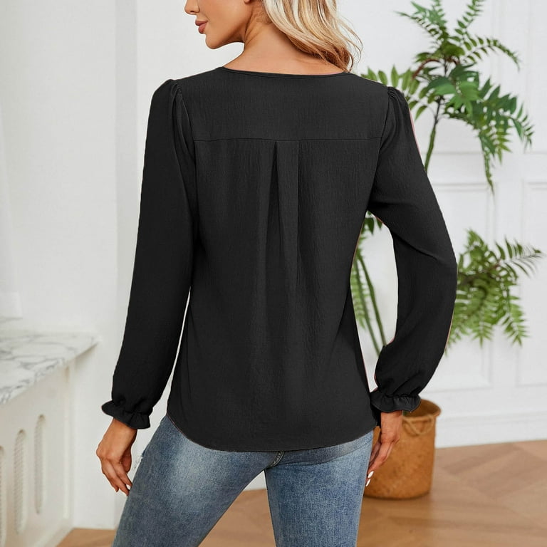 Fashion Women's Womens Long Sleeves Ribbed Knit Tunic Shirts Casual  versatile V-Neck Solid soft Outing Tops slimming Blouse Black M 