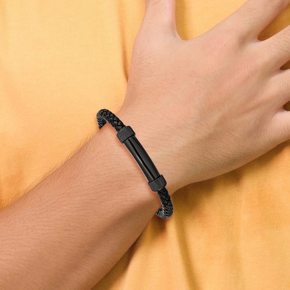 Diamond2Deal Stainless Steel Polished Black IP-Plated Black Braided Leather Bracelet for Men 8.25"