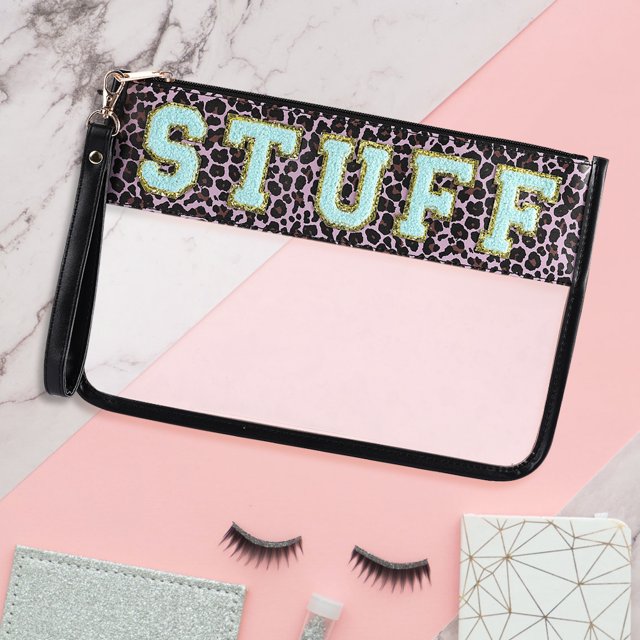 Bolsa De Maquillaje Bolso cosmético transparente con letras de chenilla de PVC Neceser estilo universitario (Estampado de leopardo) Sywqhk Cuidado Belleza
