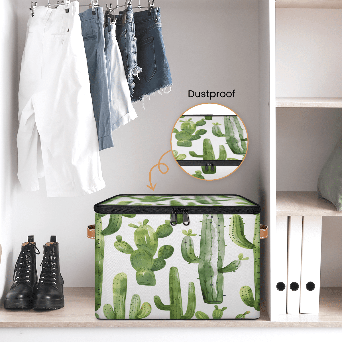 CURLYOOT Green Cactus Fabric Storage Bins with Lids, Cute Cactus Foldable Storage Boxes Washable Storage Cube, Closet Bedroom Home Organizer Containers with PU Leather Handles