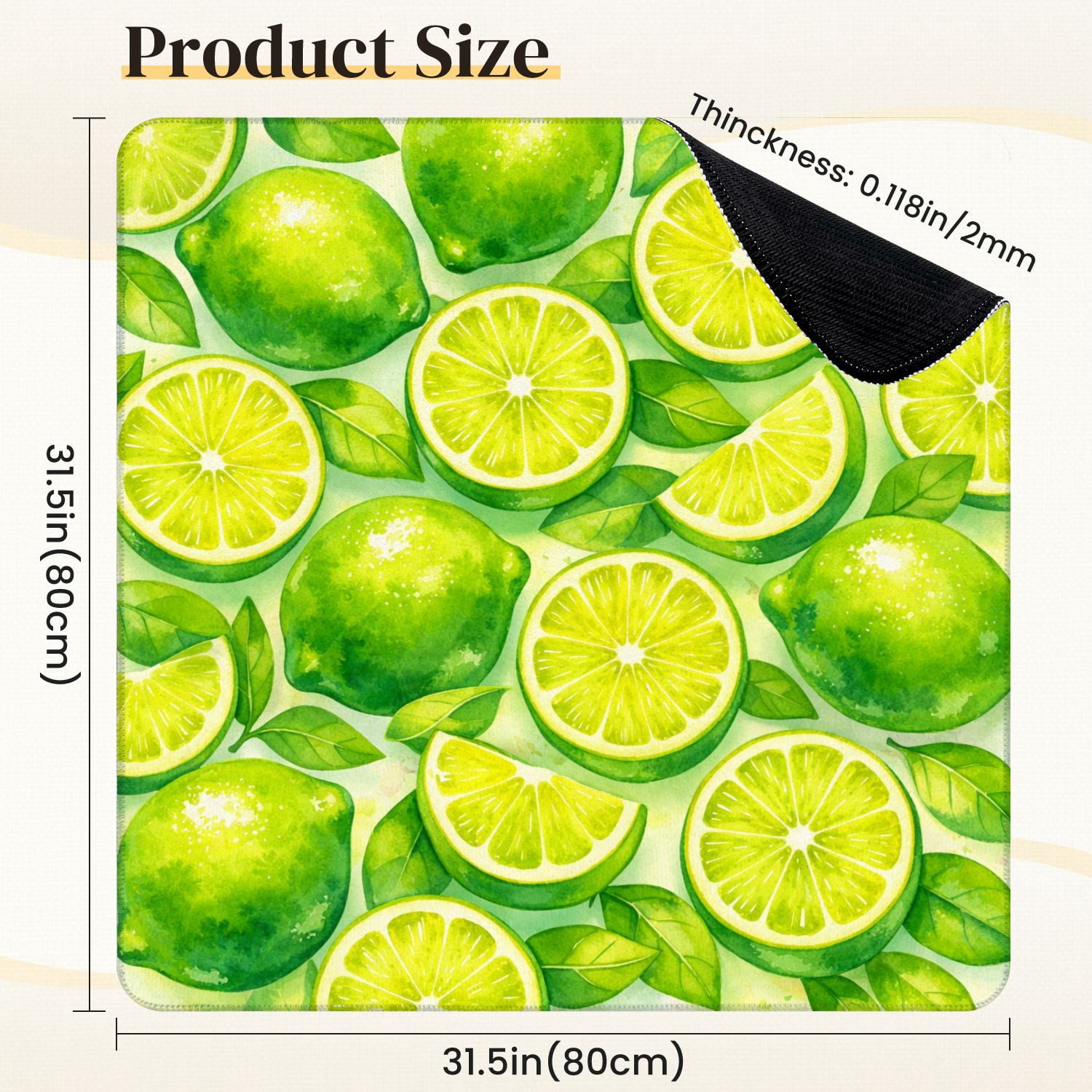 Mahjong Mat 31.5" x 31.5" Fresh Green Lemons Slices Green Leaves Watercolor Anti-Slip and Noise Reduction Symmetry Design Mahjong Tiles Table Cover for Dominoes Poker Card Board and Tile Games