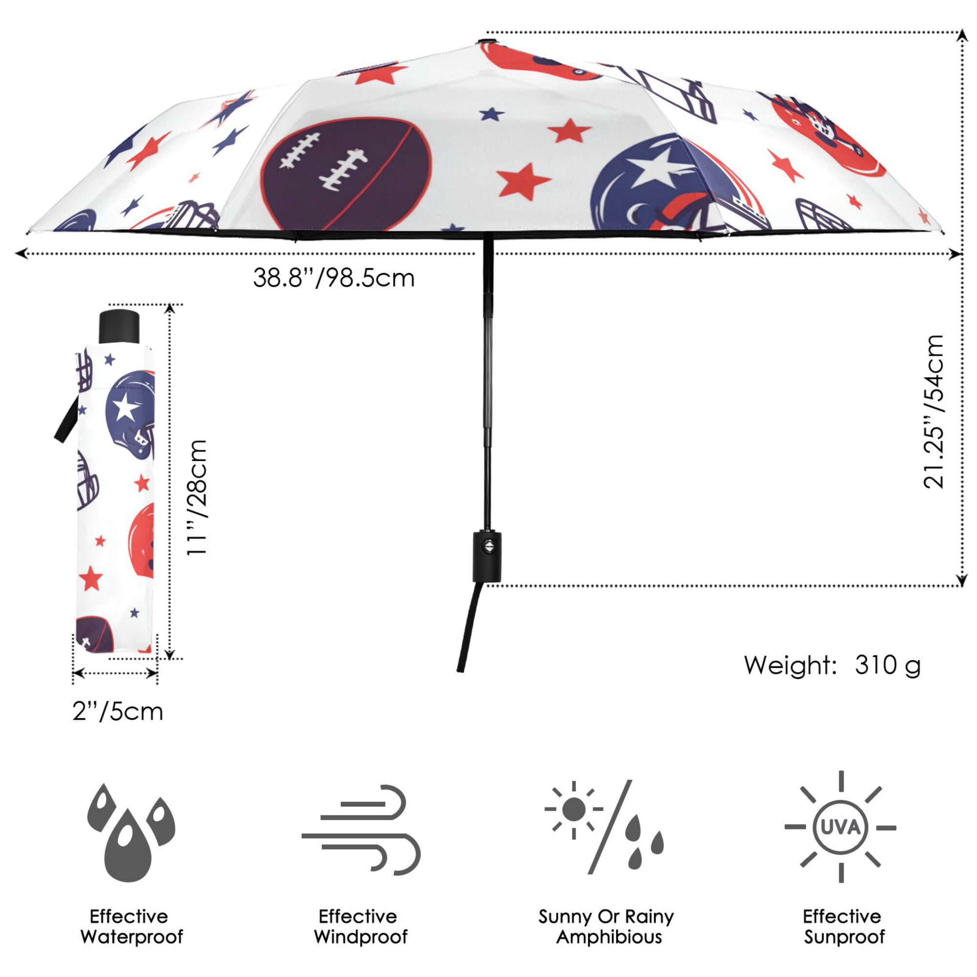FORMRS Travel Umbrella Folding Auto Open Close Windproof Rain UV Protection, Star Spangled Helmets
