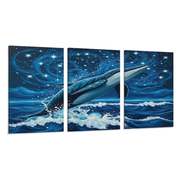 RKSupls 3 Piece Canvas Wall Art Set Modern Farmhouse Living Room Decor Whale Ocean Night Prints Framed Ready to Hang for Bedroom Office