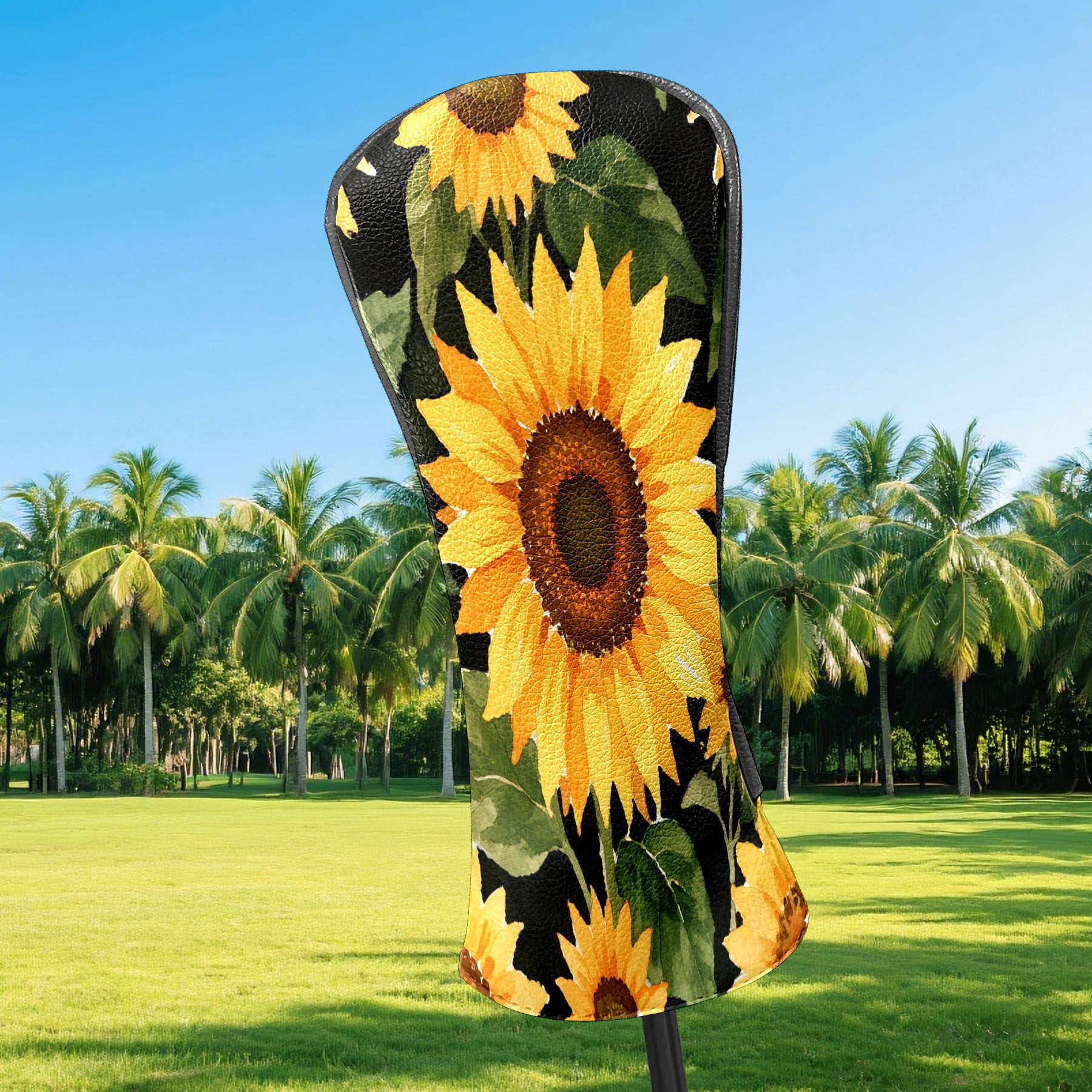 Golf Club Covers, Black Sunflower Premium PU Leather Driver Hybrid Putter Head Covers with Velvet Lining, Waterproof Golf Gifts for Men Women