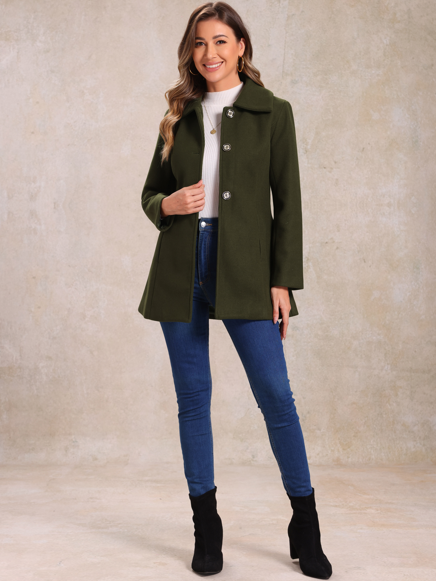 DARING DIVA Women's Turn-Down Collar Pockets Outwear Winter Coat S Army Green