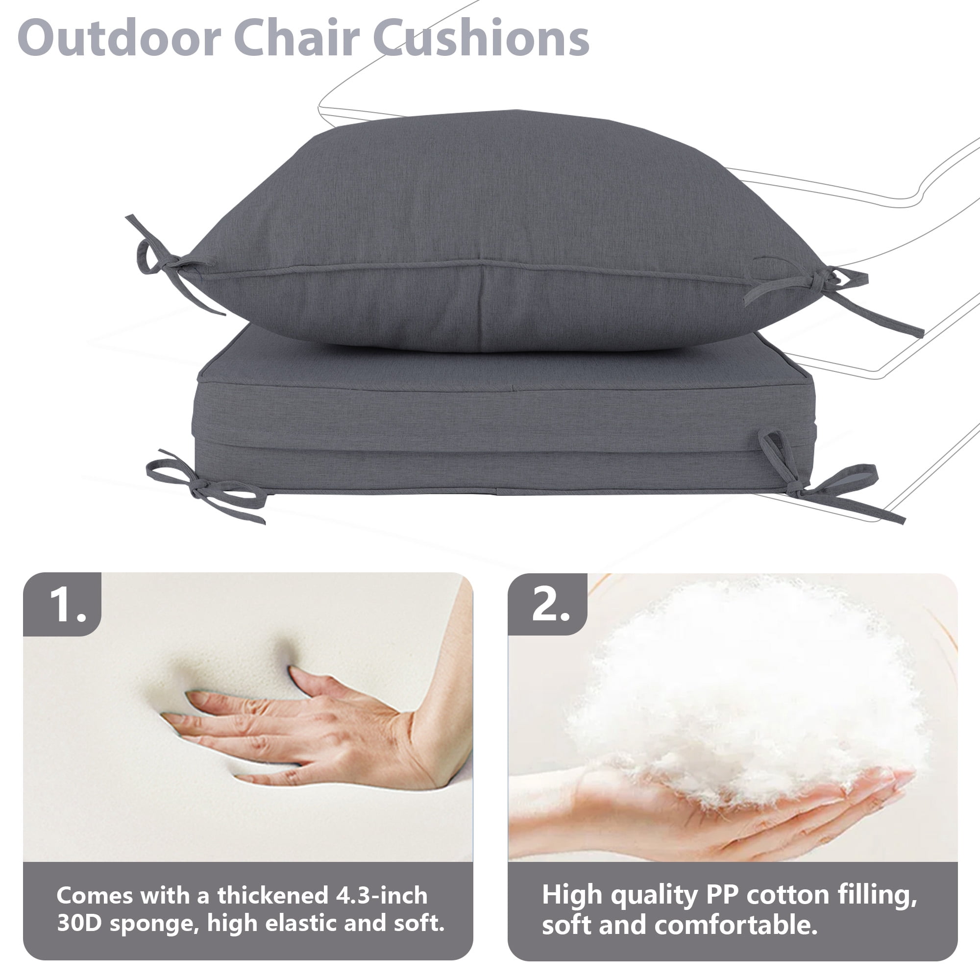 PUKNLY Outdoor Deep Seat Cushion Set, 24x24 in Waterproof Fade Resistant Patio Furniture Cushions,Thickened Foam,Removable Cover, Adjustable Straps