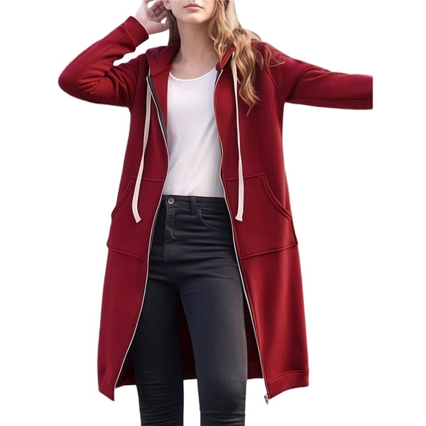 Sudaderas con Capucha para Mujer, Estilo Oversize, con Cremallera, Ideales para Otoño e Invierno. Chaquetas Largas con Capucha y Bolsillos. Rojo Vino L