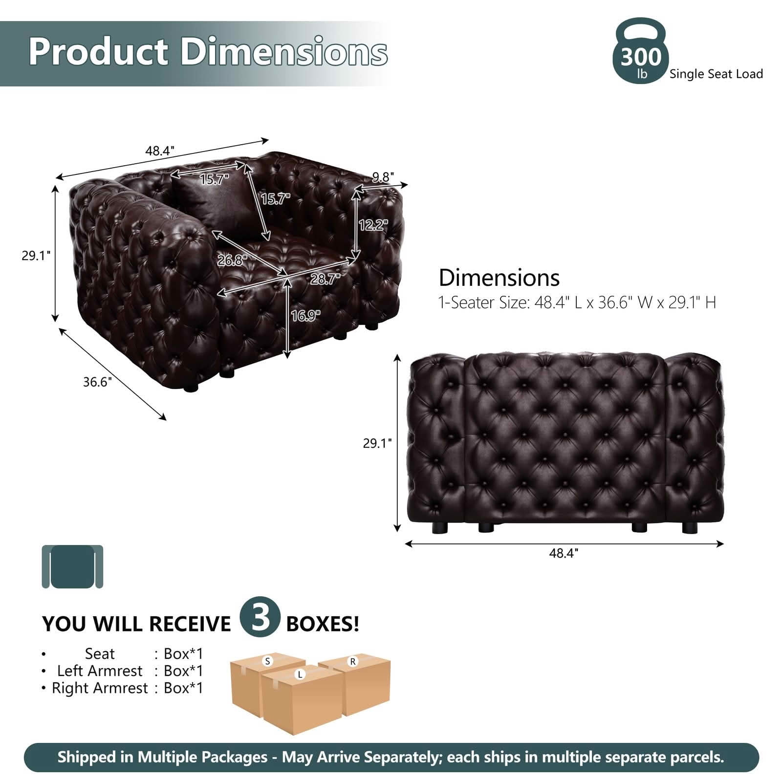 MAYEERTY 48.4 Inch Faux‑Leather Single‑Seat Modular Sofa, Handcrafted Button Tufted Couch with 1 Pillow, Multi‑Layout for Living Room & Small Apartment