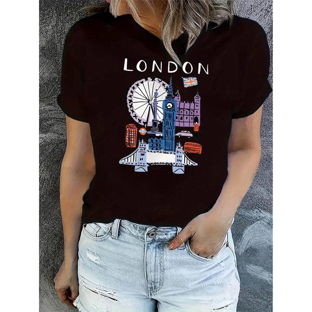 T-Shirt Graphique Minimaliste pour Femmes London Landmark - T-Shirt à Manches Courtes Décontracté et Élégant avec Grande Roue et Design Big Ben, Haut d'Été Confortable pour Tenue Décontractée, Mode Confortable Minimaliste Gris