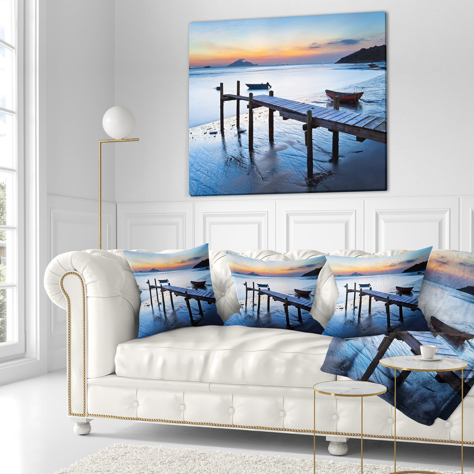 Designart Old Wooden Pier in Bright Sea - Seascape Throw Pillow - 18x18