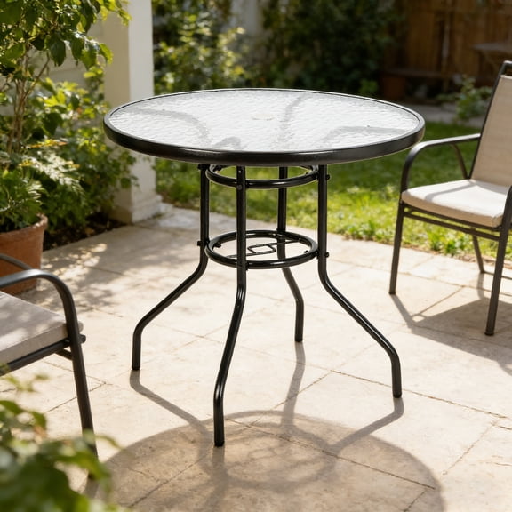 BAYUELSWU Glass Patio Table, 31.5" Round Outdoor Dining Table with Glass Top for 4-5 Persons, Patio Bistro Table for Yard, Garden, Balcony, Backyard