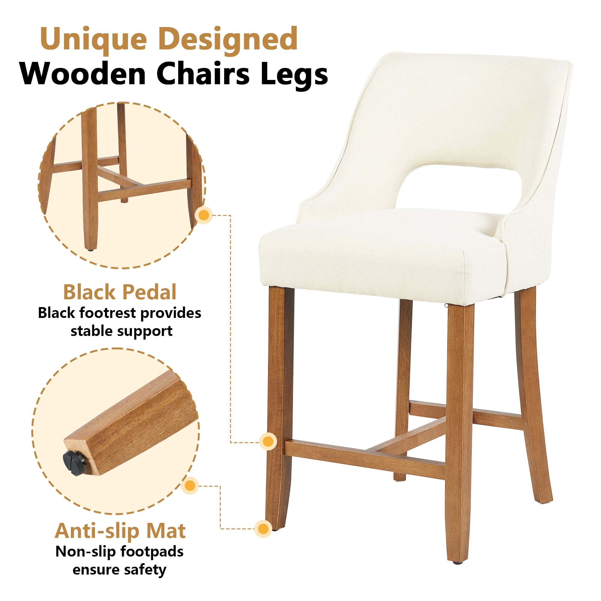 ClinQ Modern Counter Height Bar Stool Set of 1, Upholstered Seat with Back and Walnut H-Frame Footrest for Kitchen Island, Beige