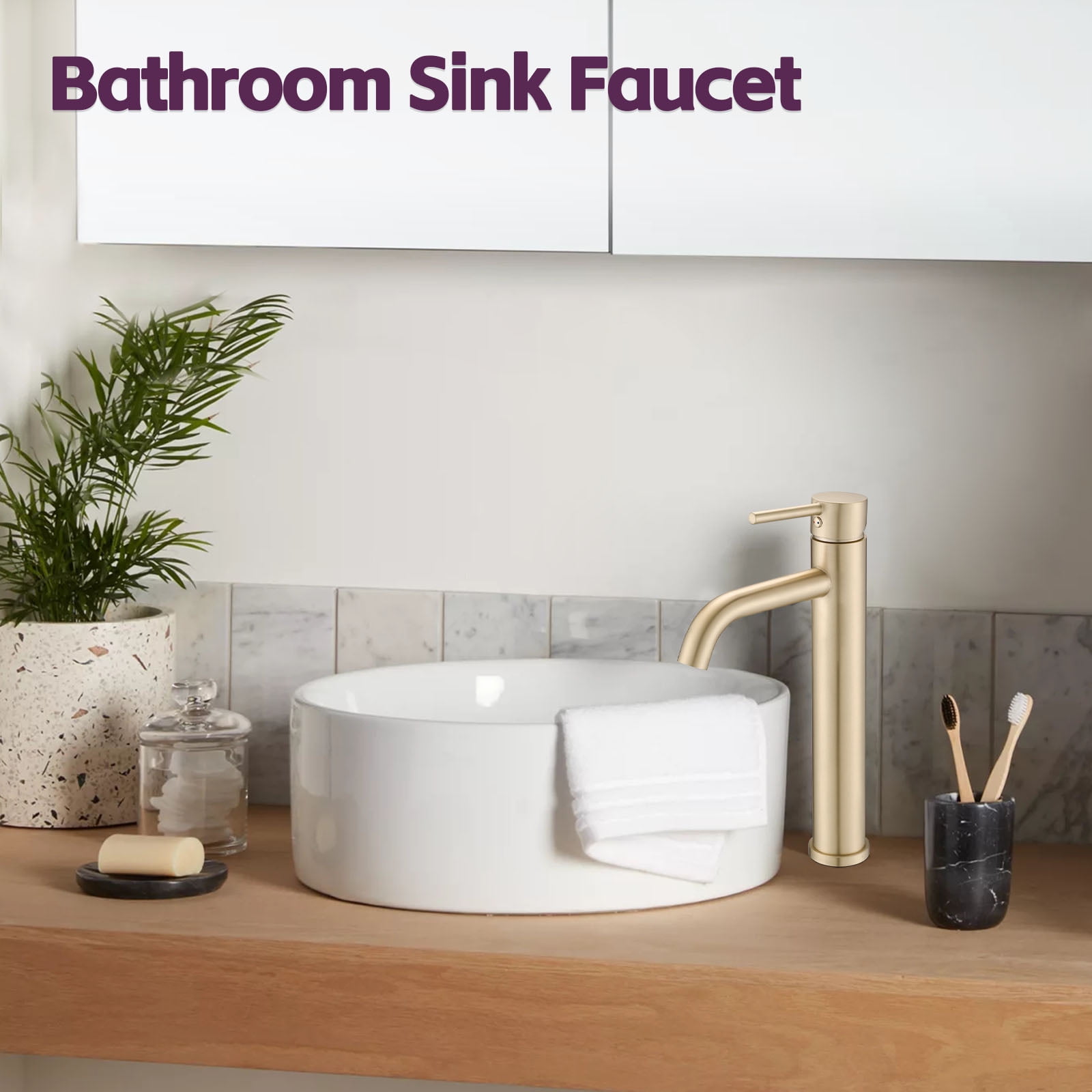 MAYEERTY Modern Single Handle One-Hole Tall Vessel Bathroom Sink Faucet, Stainless Steel, Brushed Gold