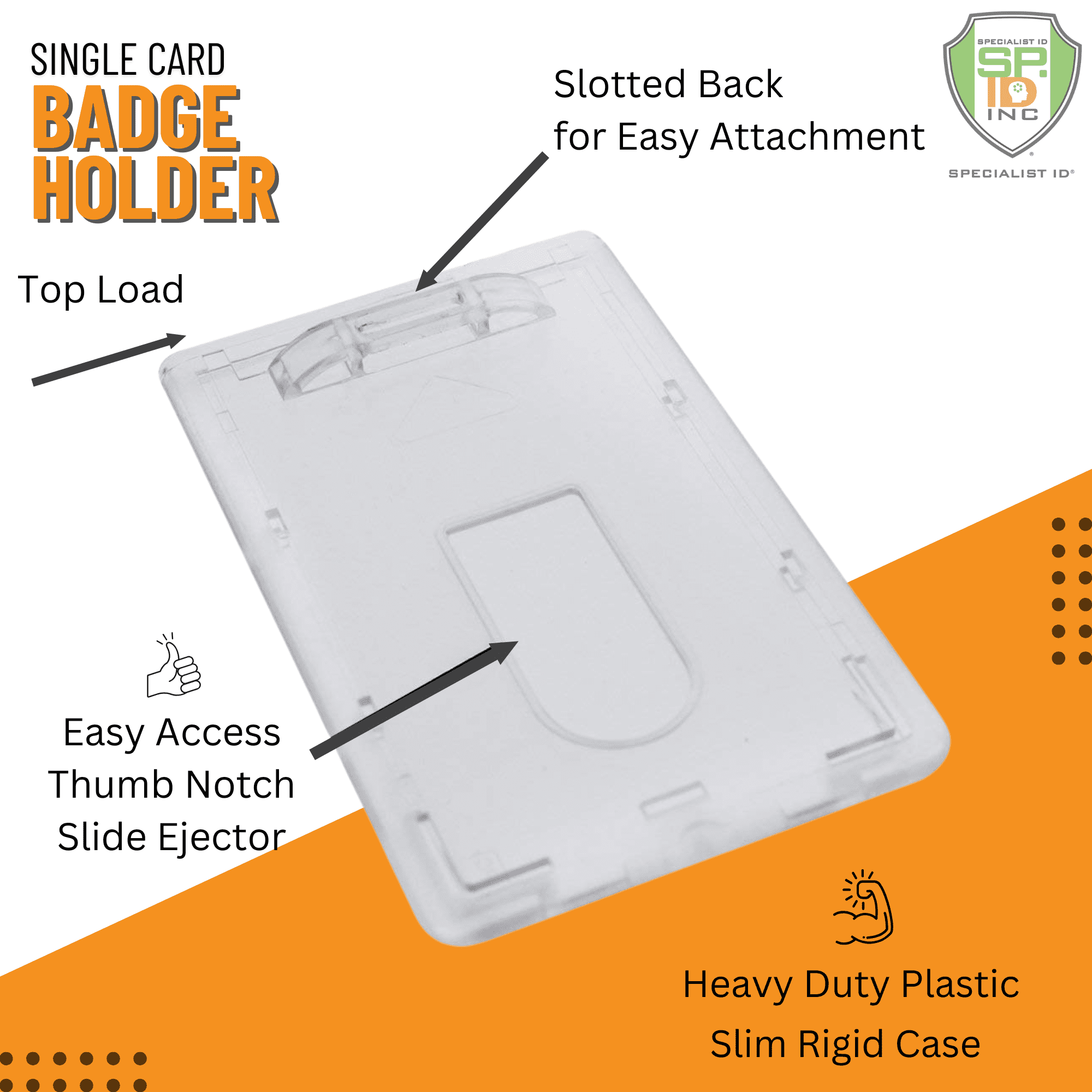 50 Pack - Slim Heavy Duty Badge Holders - Hard Plastic Clear Polycarbonate (Holds 1 Card) Rigid Top Load Single Card Case - Vertical Easy Access Thumb Slide Hole & ID Protection by Specialist ID