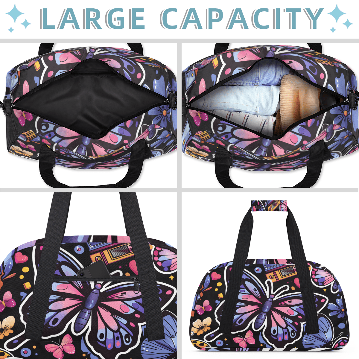 Herdesigns Butterfly Sports Duffle Bag for Women & Men, Butterflies Gym Bag Dance Bag Overnight Bag Carry On Weekender Travel Bag