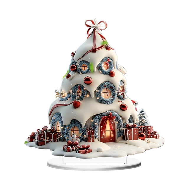 Christmas Tree Ornaments 2D Acrylic Home Decorations 7.8 in with Stand and Base for Tabletop Display