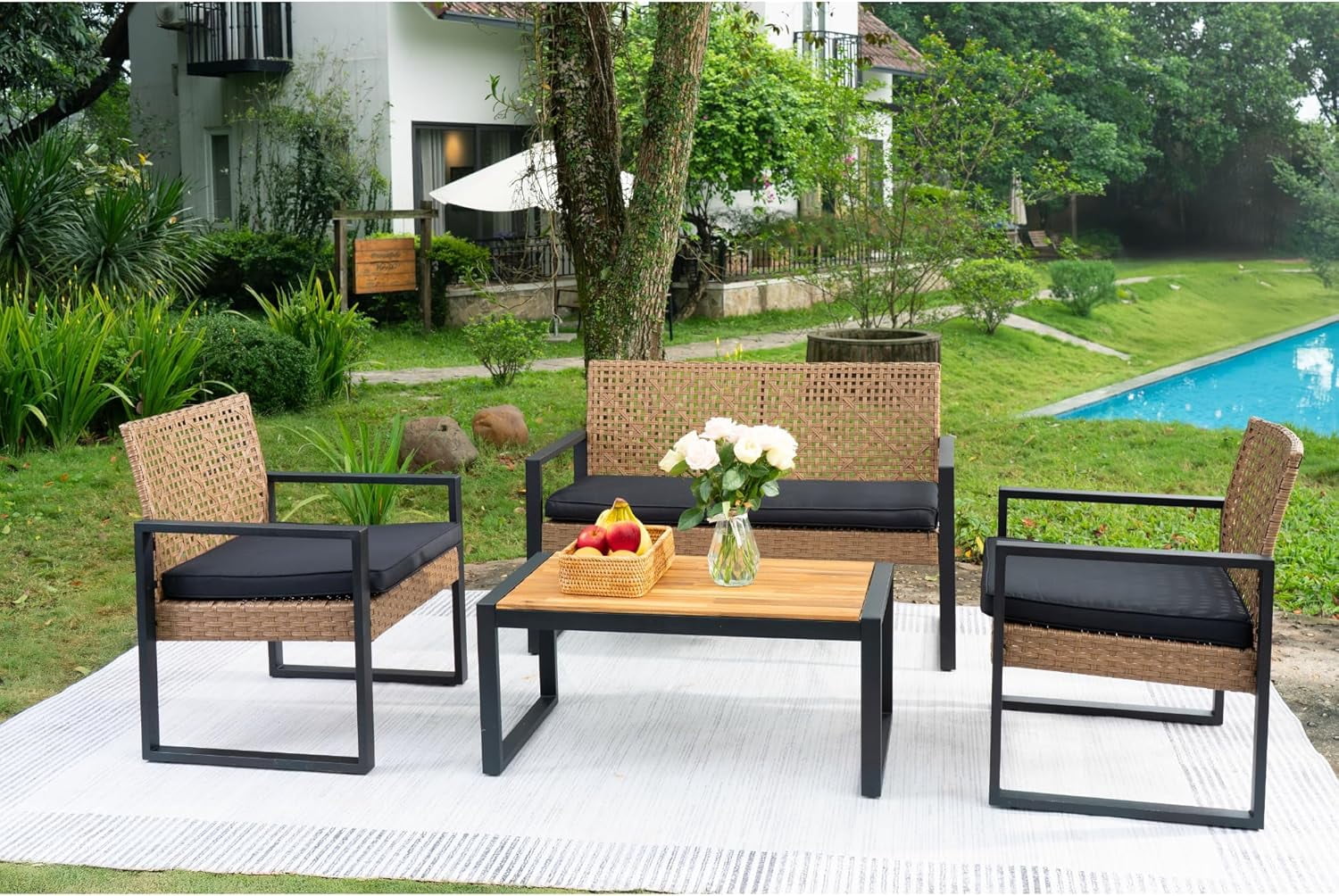 Howcool 4-Piece Outdoor Patio Furniture Set with Loveseat & 2 Chairs, Acacia Wood Coffee Table, All-Weather Rattan Conversation Set for Balcony Backyard (Black and Light Brown)