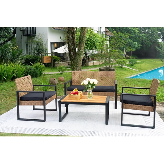 Howcool 4-Piece Outdoor Patio Furniture Set with Loveseat & 2 Chairs, Acacia Wood Coffee Table, All-Weather Rattan Conversation Set for Balcony Backyard (Black and Light Brown)