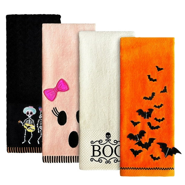 Juego de 4 toallas de mano de algodón para Halloween, para baño, bordadas, 70 x 40 cm, con diseño de esqueletos de calaveras fantasmas, para cocina, arañas, calabazas, platos, té, para mesa de truco