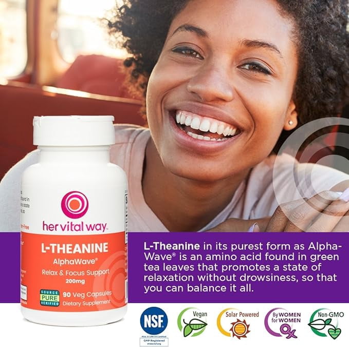 her vital way | L-Theanine Relax & Focus Support | 200mg Capsules | 90-ct | Promotes Relaxation without Drowsiness