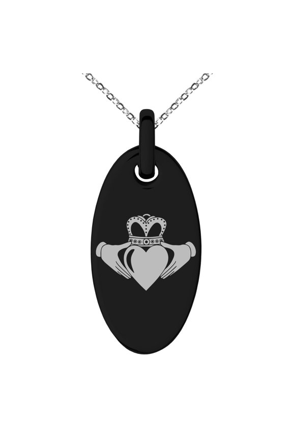 Stainless Steel Celtic Claddagh Unity Engraved Small Oval Charm Pendant Necklace