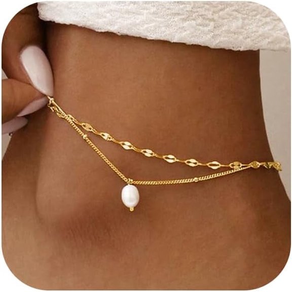 YMCSTONEMA Ankle Bracelets For Women 14K Gold Plated Anklets For Women Waterproof Boho Evil Eye Pearl Charm Pendant Beaded Foot Chain Adjustable Dainty Summer Beach Jewelry Set Gifts