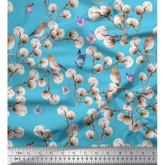 Soimoi Blue polyester Crepe Fabric Butterfly,Robin & Cotton Ball Floral Print Fabric by Yard 52 Inch Wide