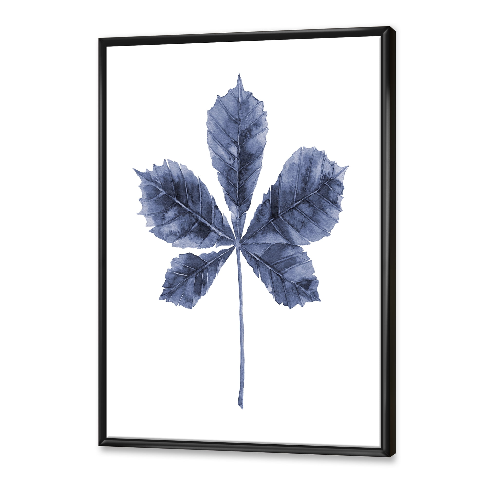 Designart 'Navy Blue Chestnut Leaf On White' Traditional Framed Canvas Wall Art Print