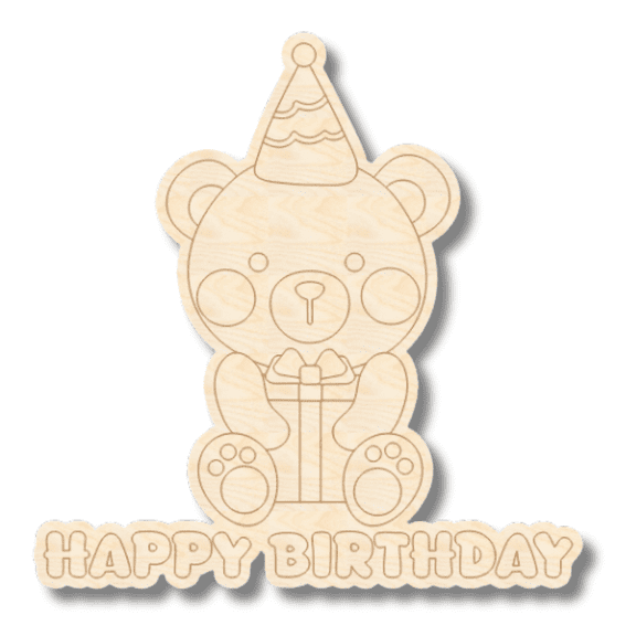 Unfinished Wood Etched Birthday Bear with Gift Shape | Paint By Line Crafts 3" / 1/4"