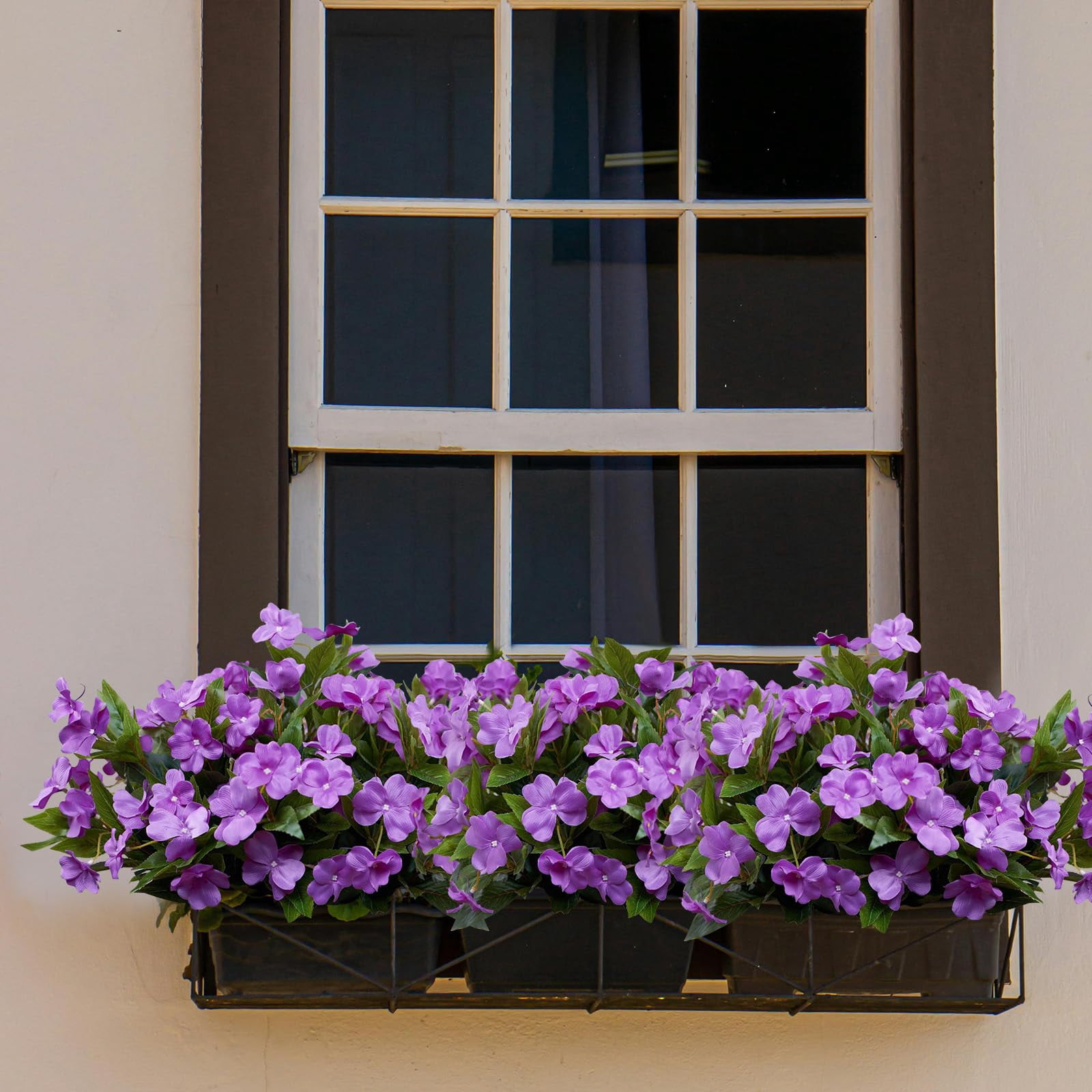 Trianu 4Pcs Artificial Flowers for Outdoors, 15.74" Faux Silk Impatiens Flowers for Outside, Artificial Impatiens Flowers Lawn Garden Home Wedding Decoration (Purple)