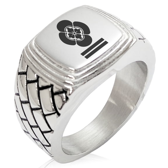 Stainless Steel Mikumo Samurai Crest Geometric Pattern Step-Down Biker Style Polished Ring