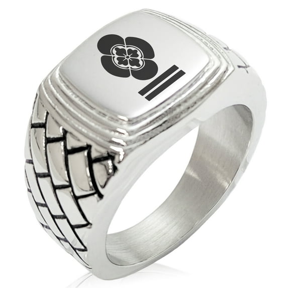 Stainless Steel Mikumo Samurai Crest Geometric Pattern Step-Down Biker Style Polished Ring