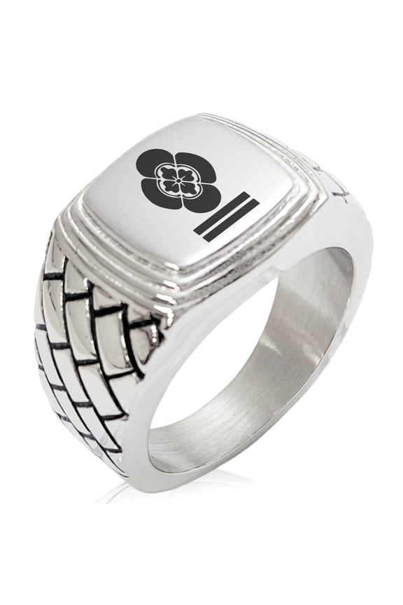 Stainless Steel Mikumo Samurai Crest Geometric Pattern Step-Down Biker Style Polished Ring