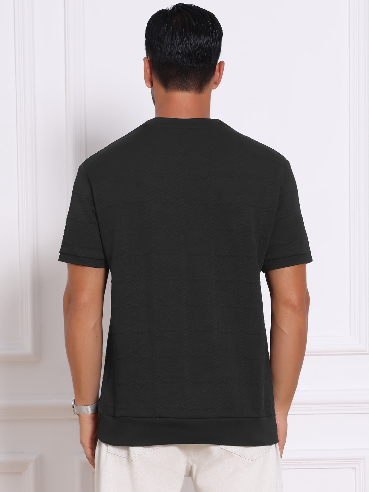 DARING DIVA Men's Jacquard Texture Crew Neck Short Sleeve Knitted T-Shirt L Black