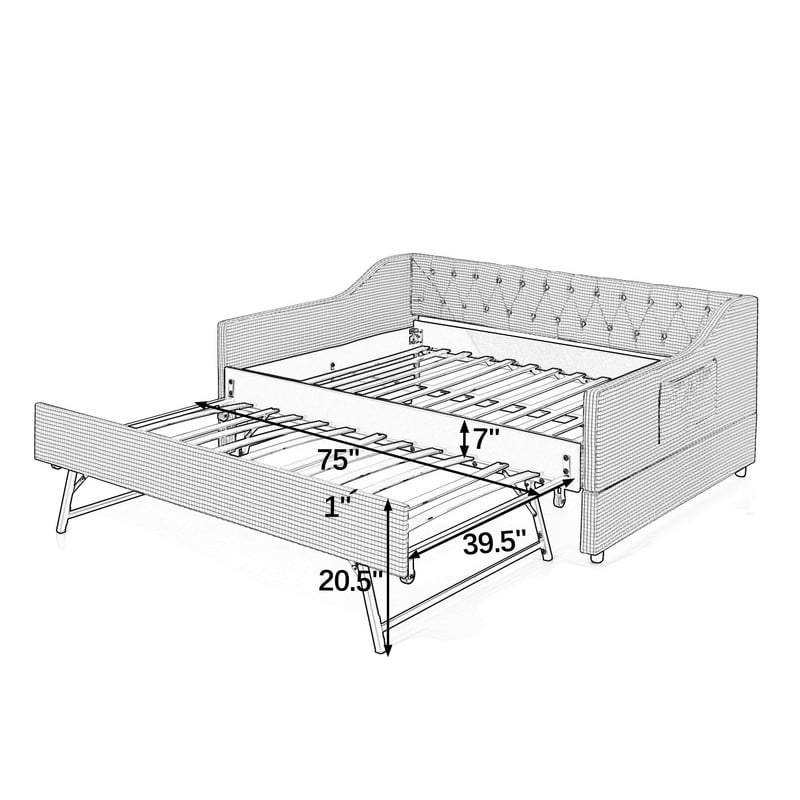Full Size Daybed with Pop Up Trundle, Gingham Upholstered Daybed Frame with Tufted Button Backrest and Side Storage Pocket, Modern Sofa Bed for Living Room Bedroom