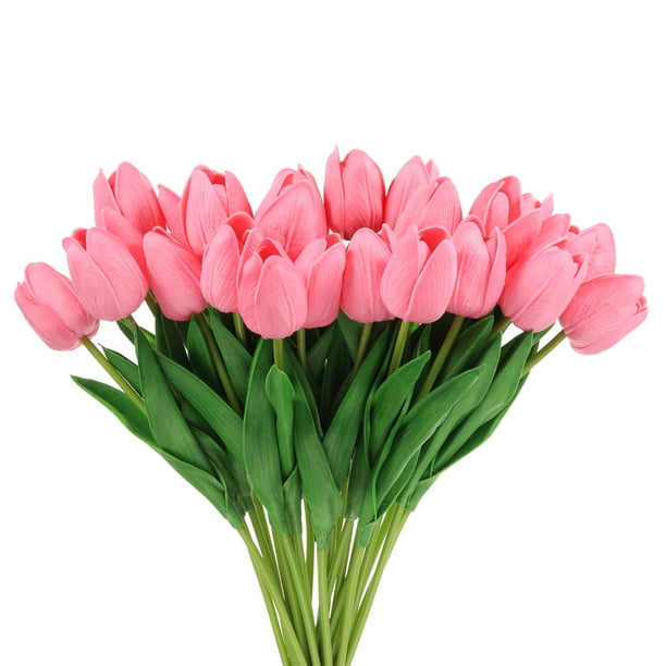 Uxcell 24Pcs Tulipanes Falsos Flores Artificiales, Tulipanes de PU que Lucen Reales con Tallos, Rosa