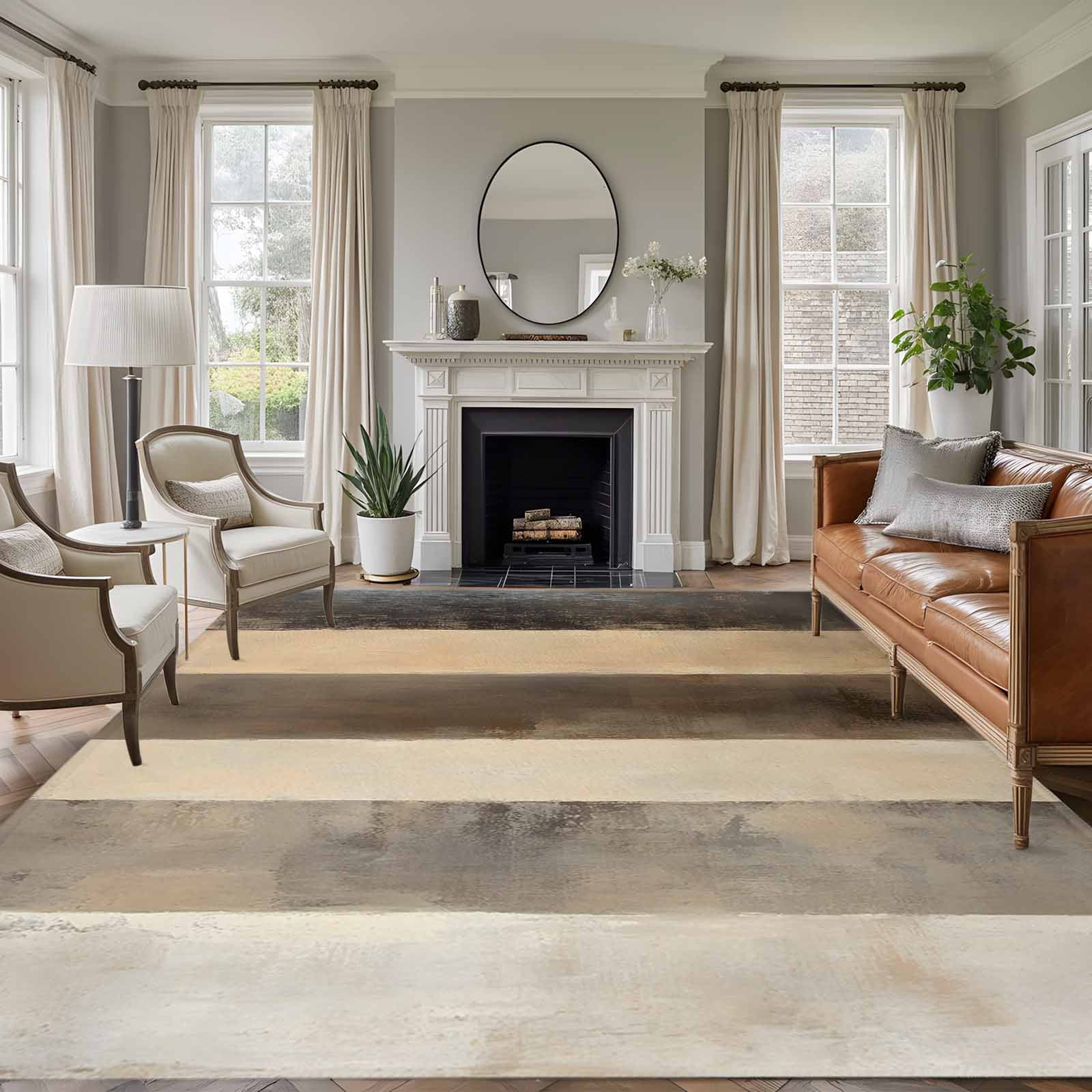 Abstract Brown Gray Stripes Washable Living Room Rugs 8 x10 Modern Art Minimalist Geometric Low Pile Throw Large Area Rug Non-Slip Sturdy Edge Binding Carpet for Bedroom Dining Room Office