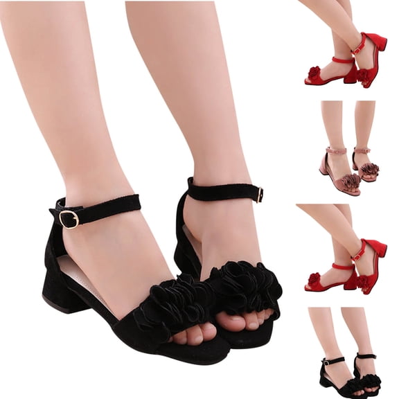 Xfvqtps Kids Girls Sandals Dressy Chunky Block Low Heels Ankle Strap Open Toe Suede Flower Hook and Loop Strap Solid Color Non Slip Breathable Summer Casual Wedding Party Dress Shoes Pink
