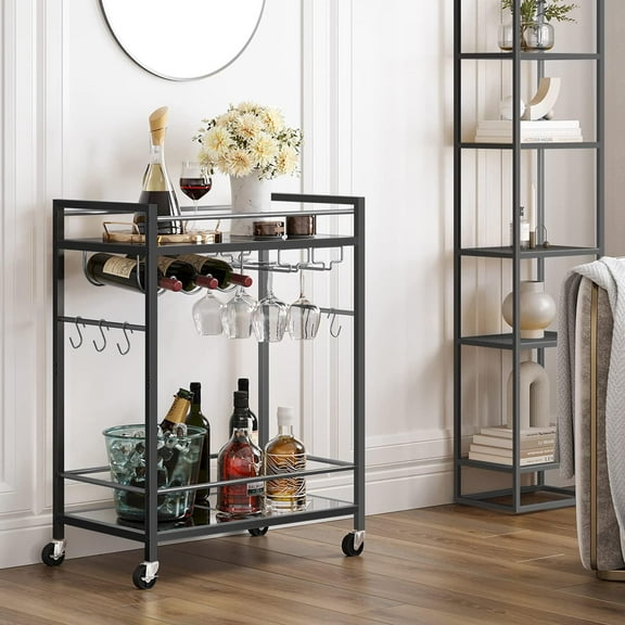 Bar Cart, Serving Cart for Home, Microwave Cart, Drink Cart, Mobile Kitchen Shelf with Wine Rack and Glass Holder, Rolling Beverage Cart
