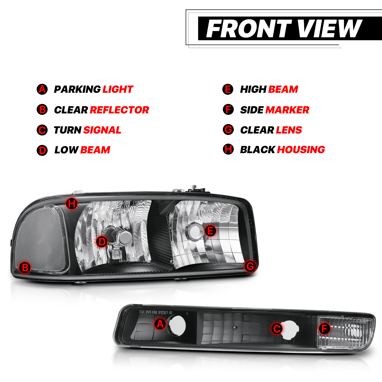 M-AUTO Headlight Assembly Headlamps Replacement for 1999-2007 GMC Sierra Truck, Black Housing Clear Lens Clear Reflector