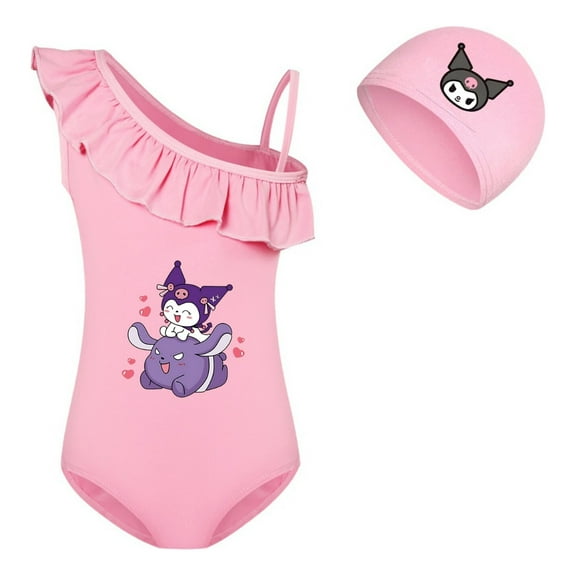 Kids Cartoon Swimsuit for Girls – Kuromi One-Shoulder Ruffle Swimwear with Matching Cap