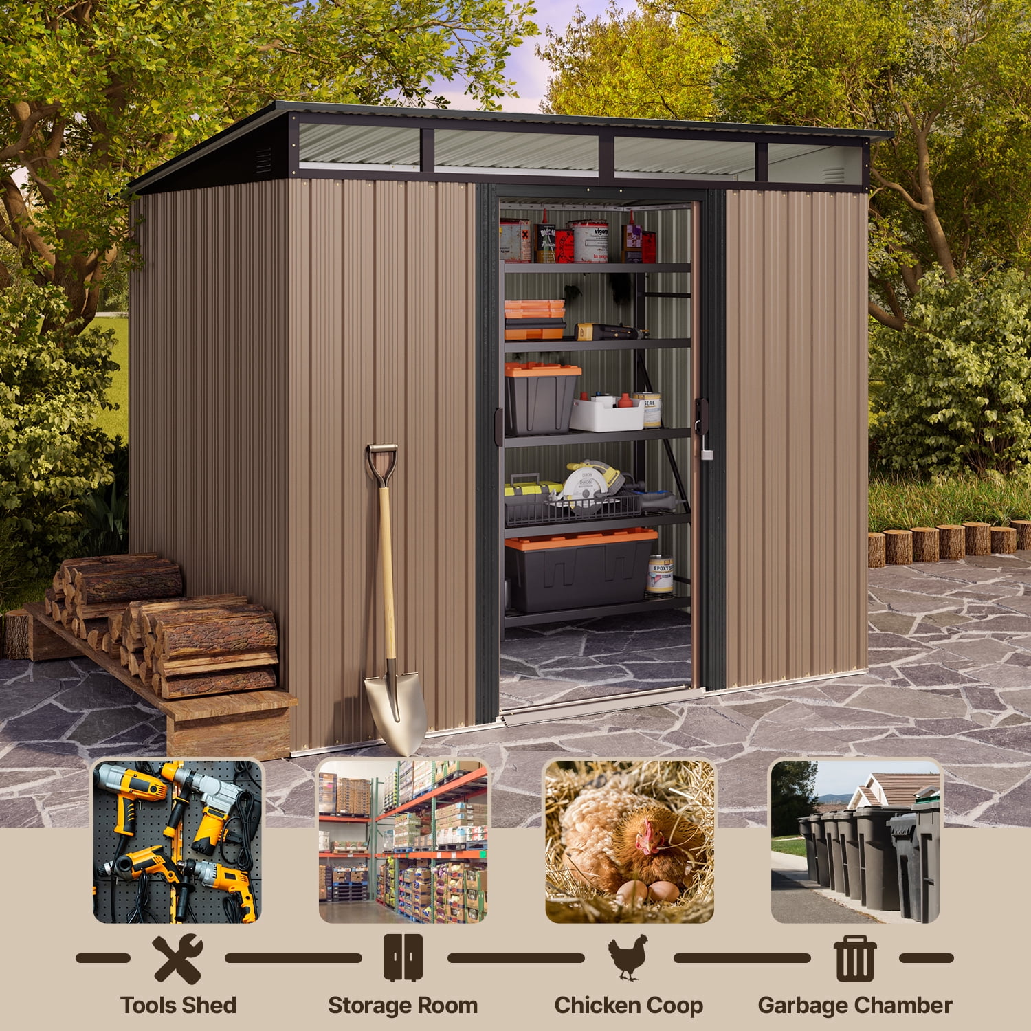 Lofka 10' x 10' ft. Outdoor Storage Shed with Sliding Doors, Metal Garden Shed with Transparent Panel Windows for Storing Lawn Mower, Electric Drill, Brown