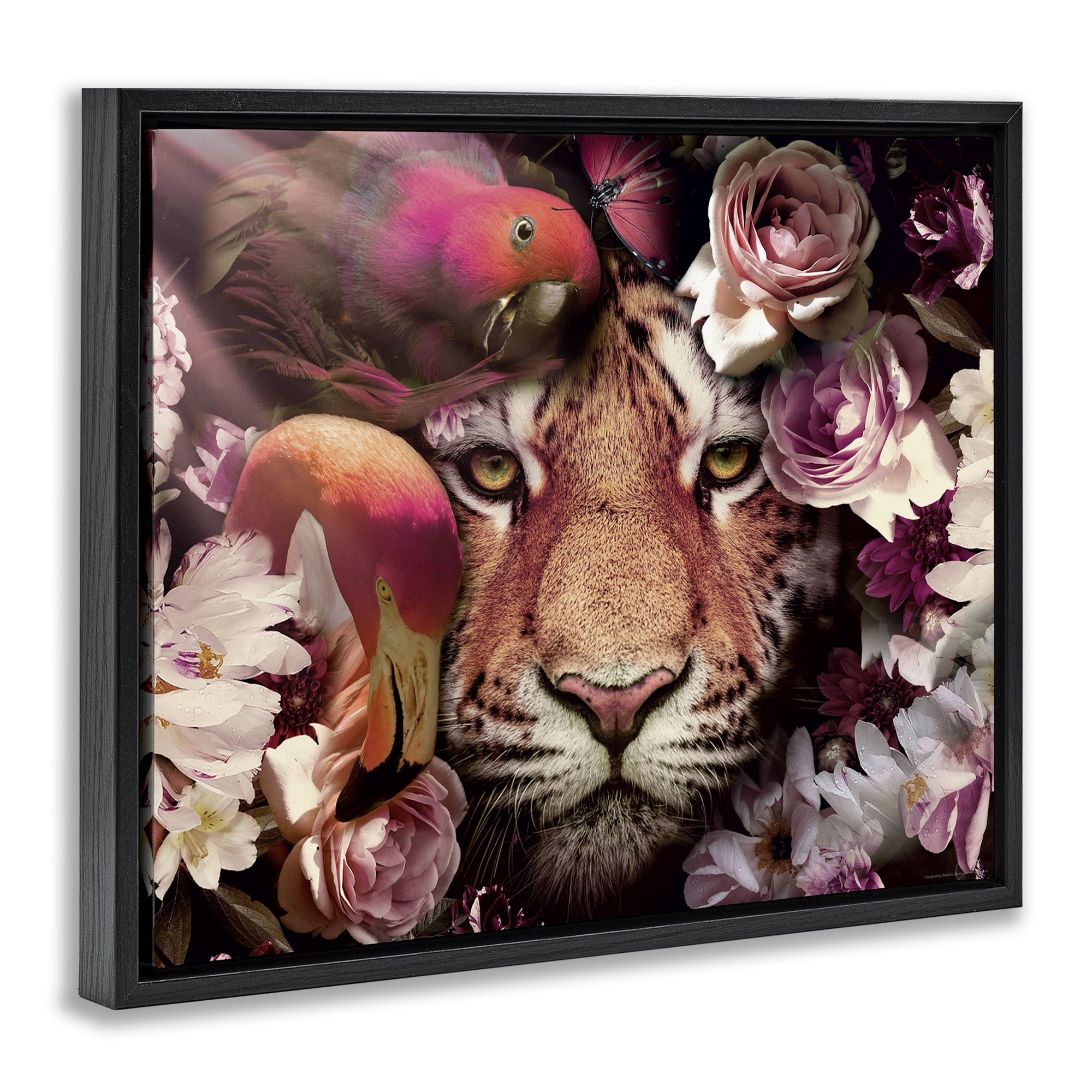 Stupell Industries Tropical Birds & Tiger Animals Painting Black Floater Framed Canvas Art Print Wall Art, 31 x 25